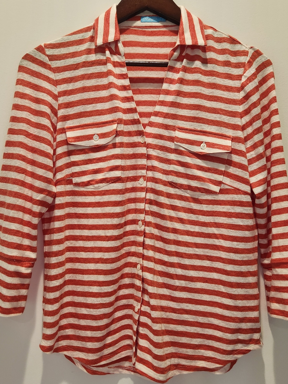 Women's Striped Button-Up Shirt - Red & White Linen Spandex Small